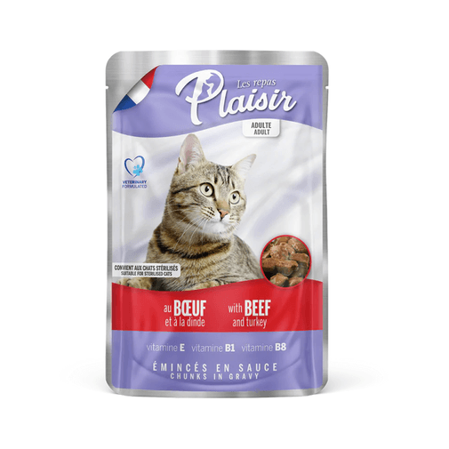 alimento-humedo-gato-plaisir-pouch-trozos-res-y-pavo-en-salsa